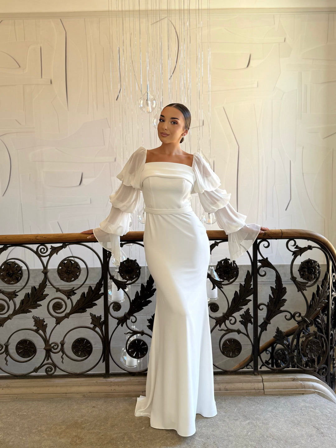 Longue robe de mariée blanche, sans fente, manche longue, col carré, pour tout type d'événement, gala, cérémonie, mariage