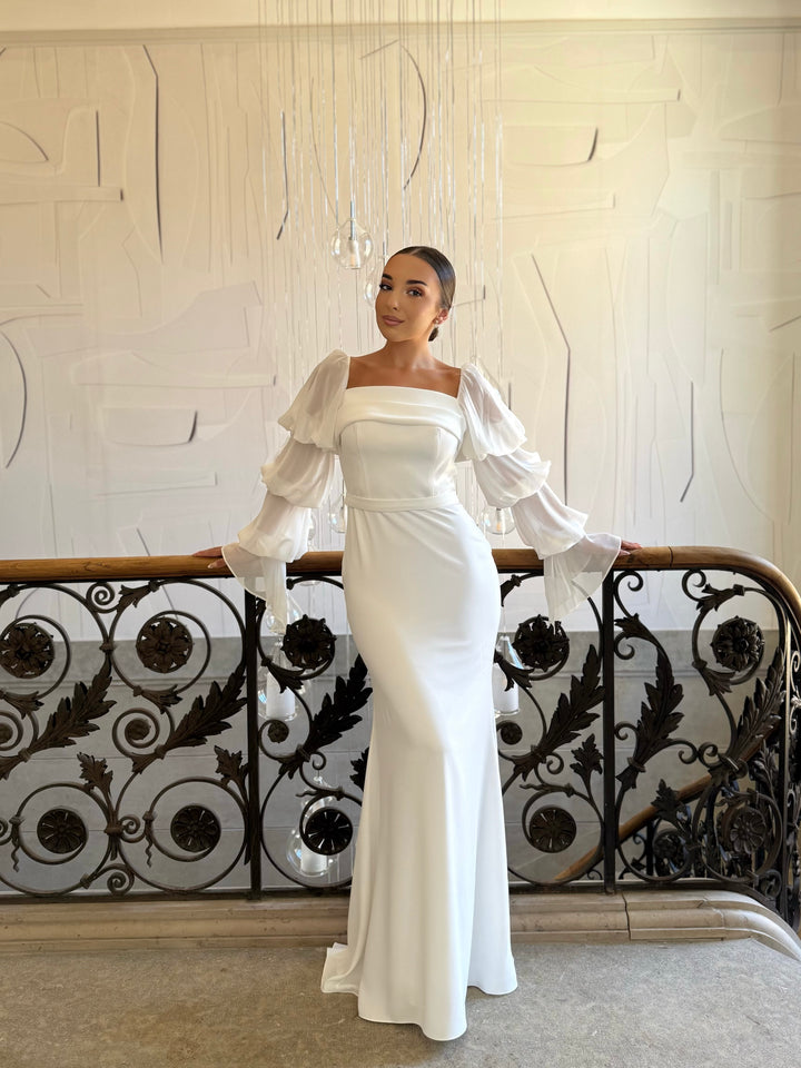 Longue robe de mariée blanche, sans fente, manche longue, col carré, pour tout type d'événement, gala, cérémonie, mariage