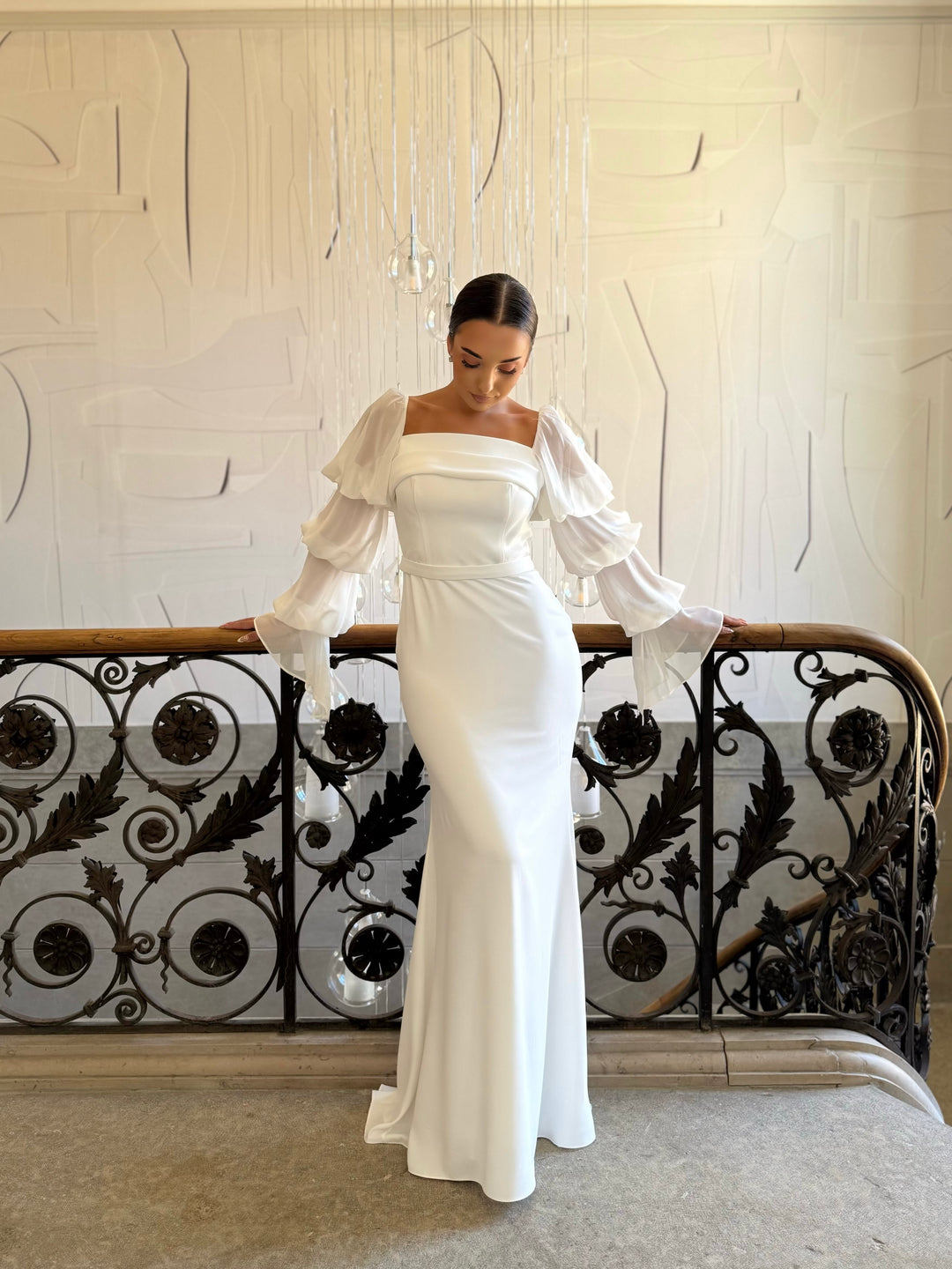 Longue robe de mariée blanche, sans fente, manche longue, col carré, pour tout type d'événement, gala, cérémonie, mariage