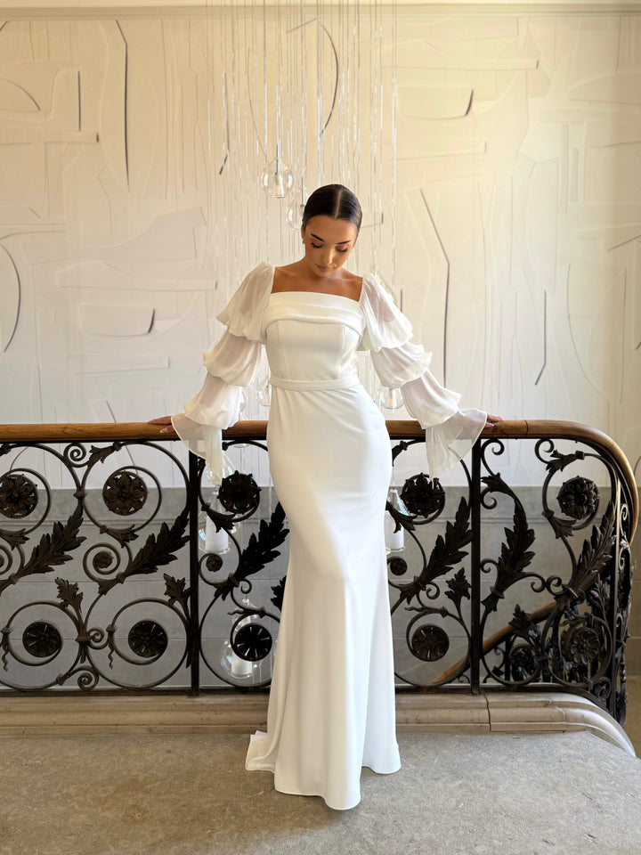 Longue robe de mariée blanche, sans fente, manche longue, col carré, pour tout type d'événement, gala, cérémonie, mariage
