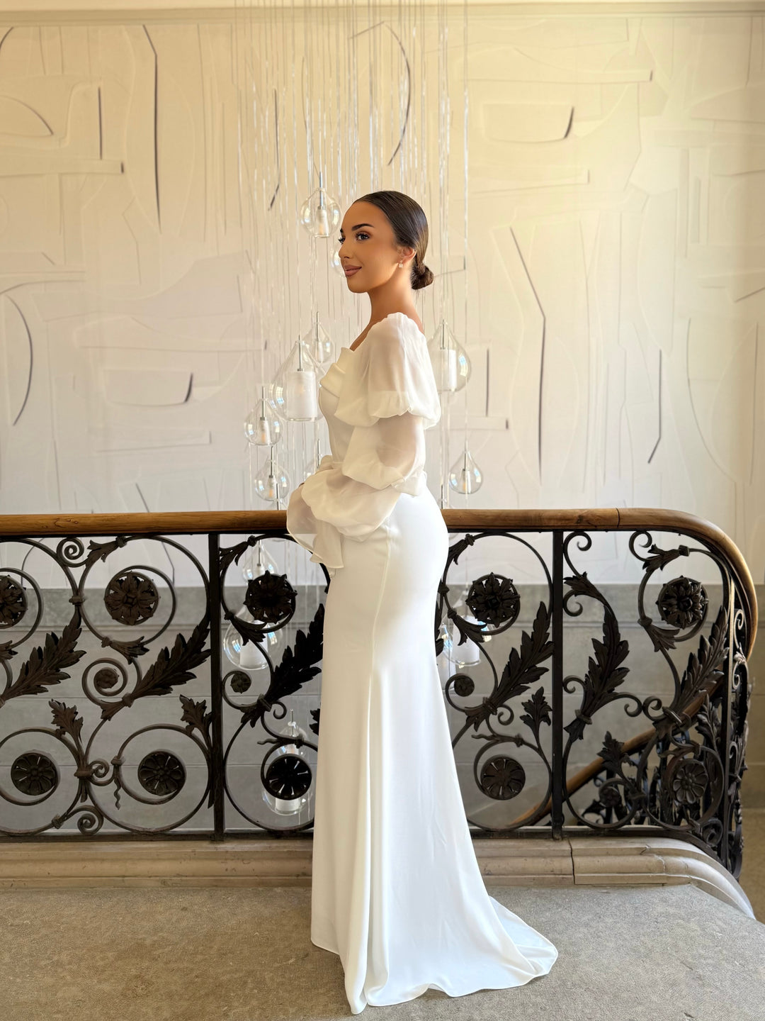 Longue robe de mariée blanche, sans fente, manche longue, col carré, pour tout type d'événement, gala, cérémonie, mariage
