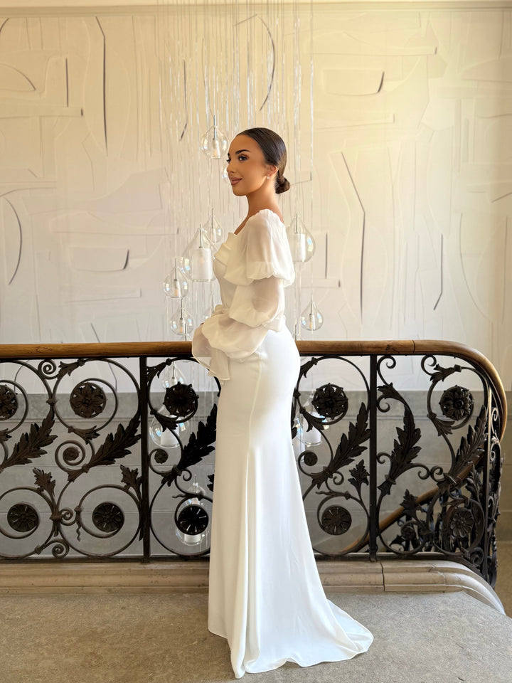 Longue robe de mariée blanche, sans fente, manche longue, col carré, pour tout type d'événement, gala, cérémonie, mariage