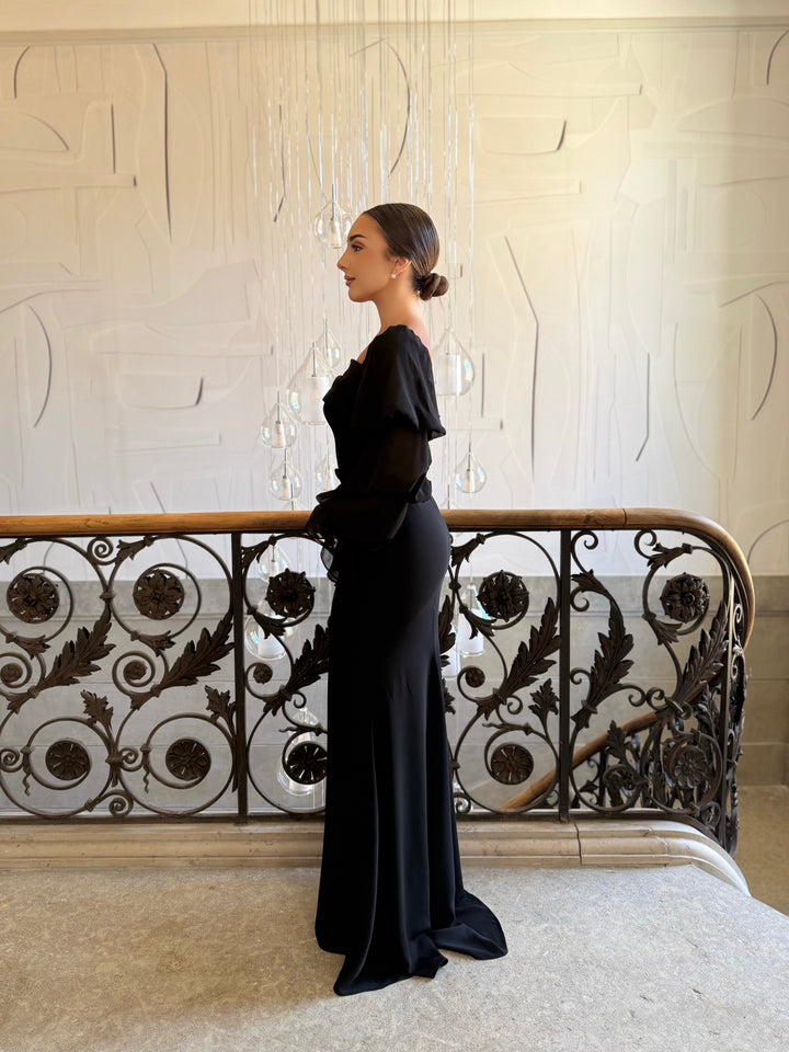 Longue robe de soirée élégante noir, sans fente, manche longue, col carré, pour tout type d'événement, gala, cérémonie, mariage