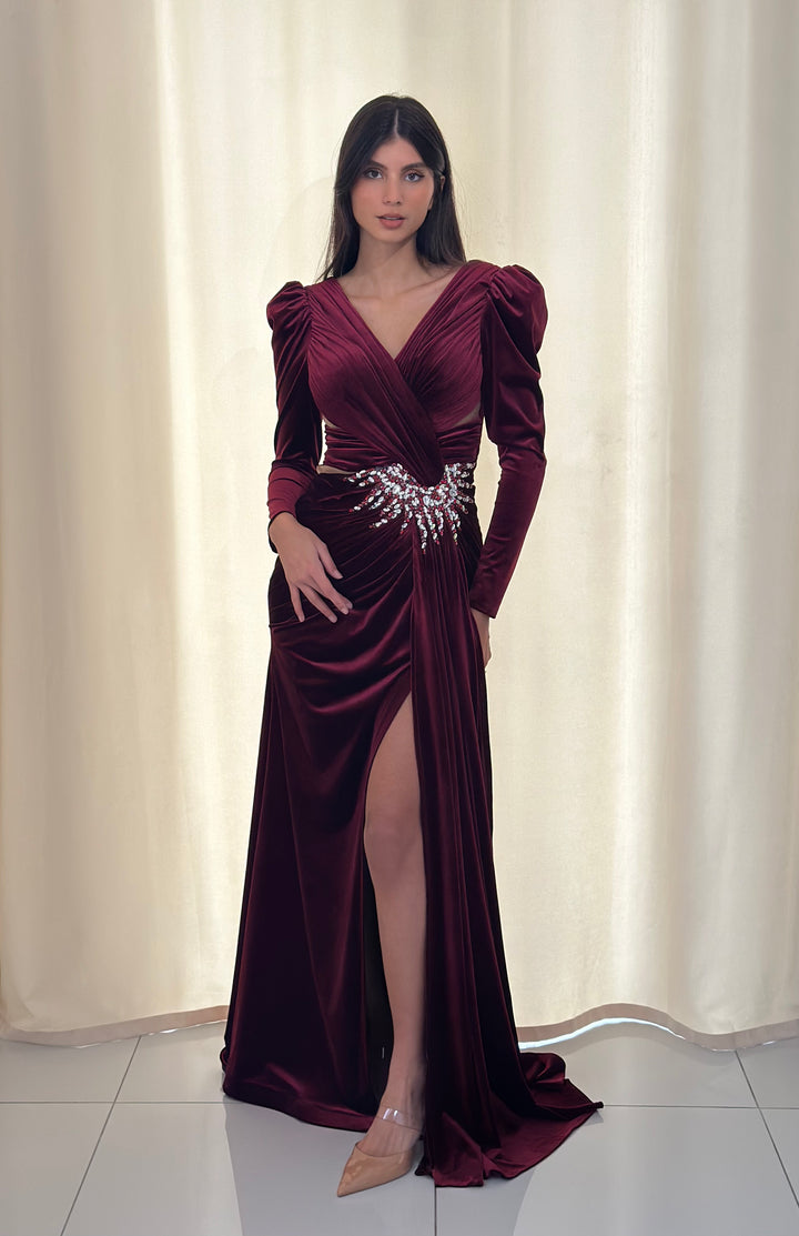 longue robe de soirée bordeaux manche longue en velour pour mariage