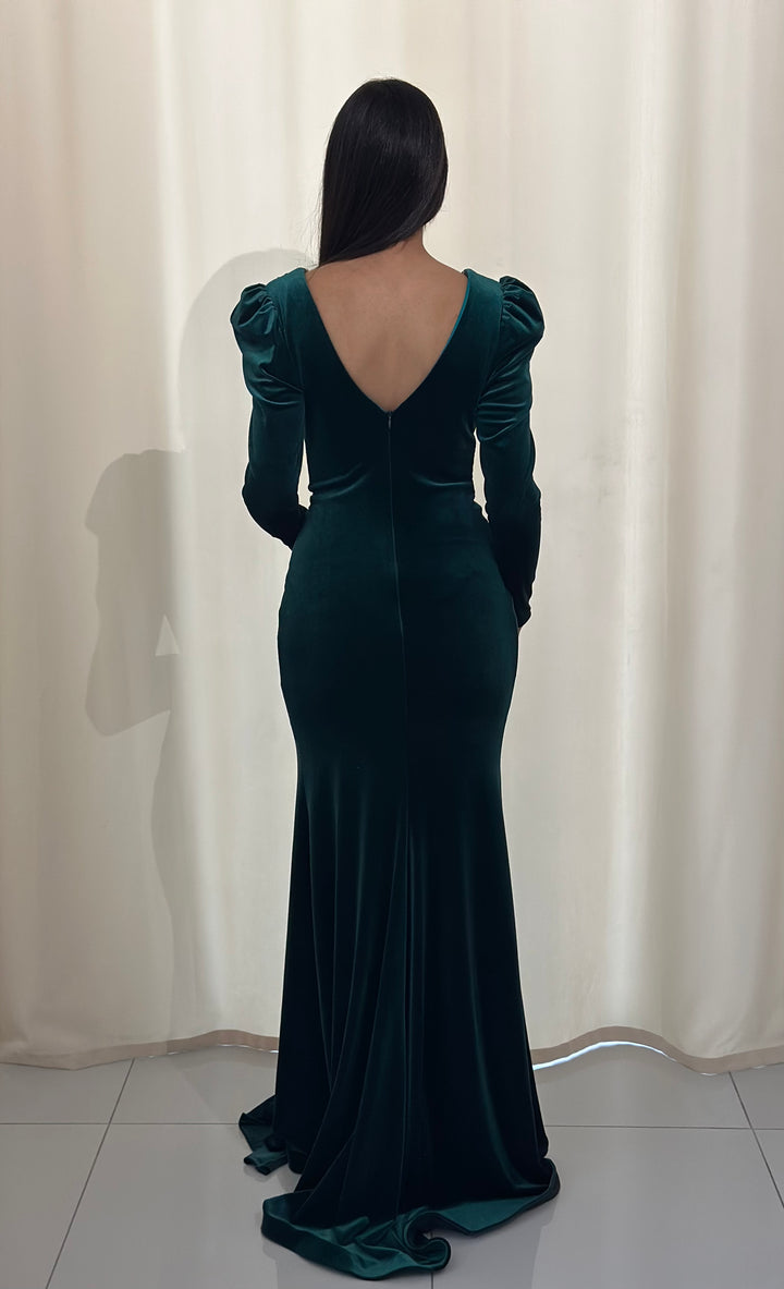 robe de soirée élégante vert en velour