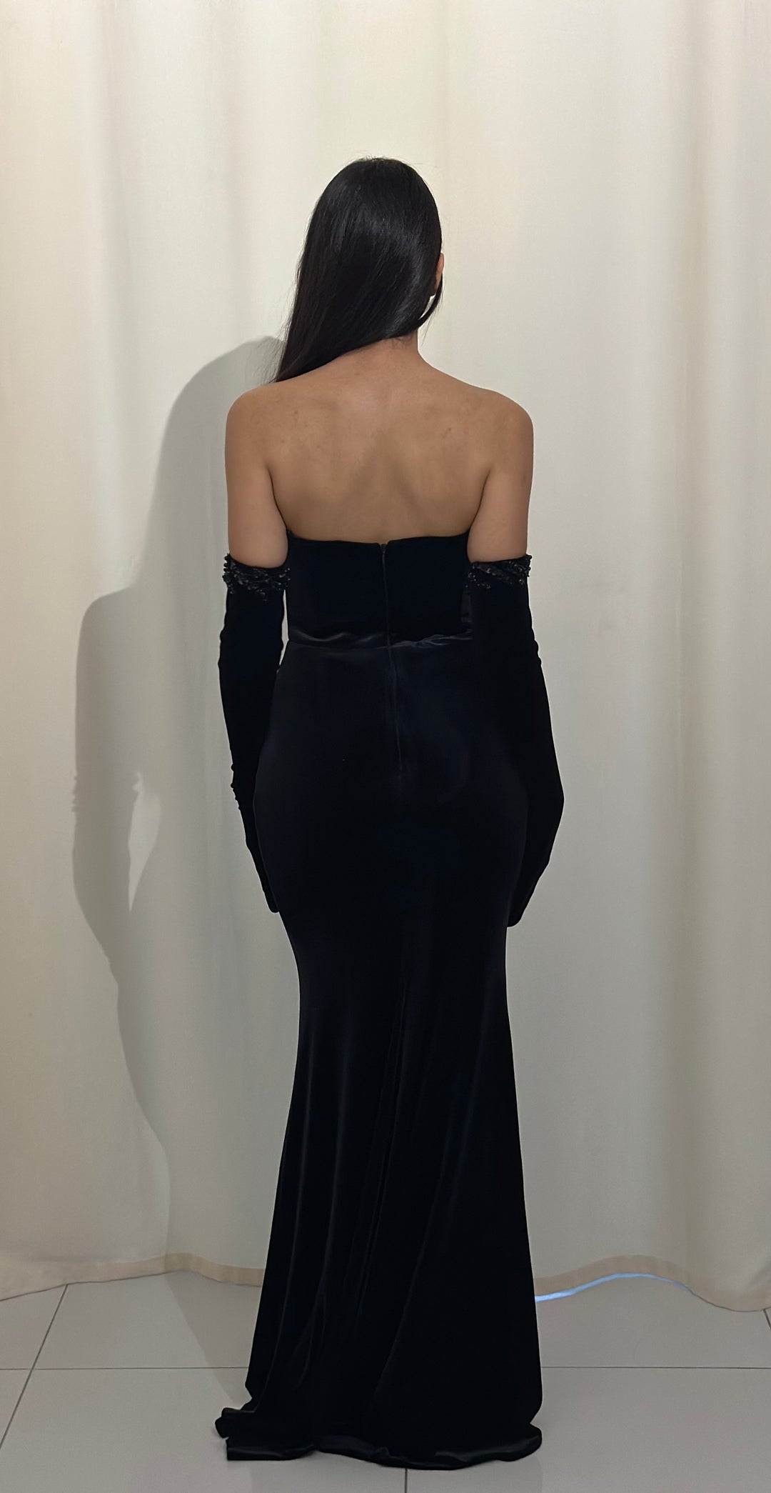 robe de soirée noir col bustier velour