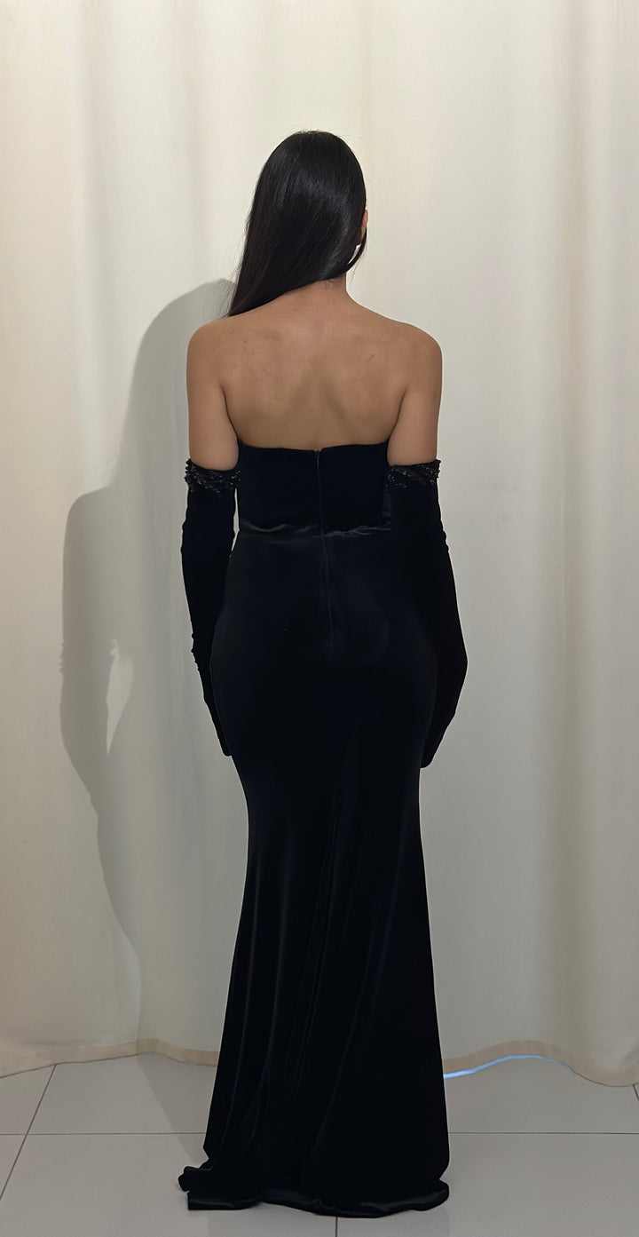 robe de soirée noir col bustier velour