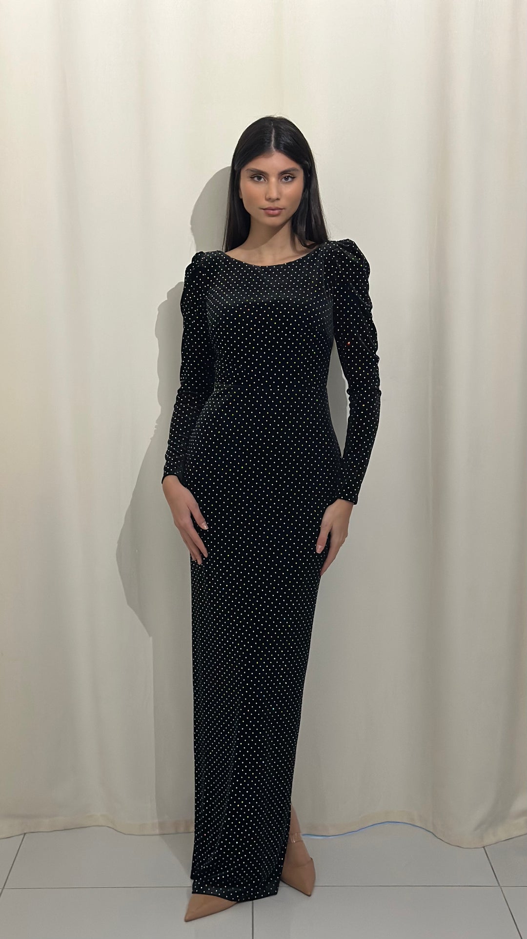 robe de soirée noir col rond velour