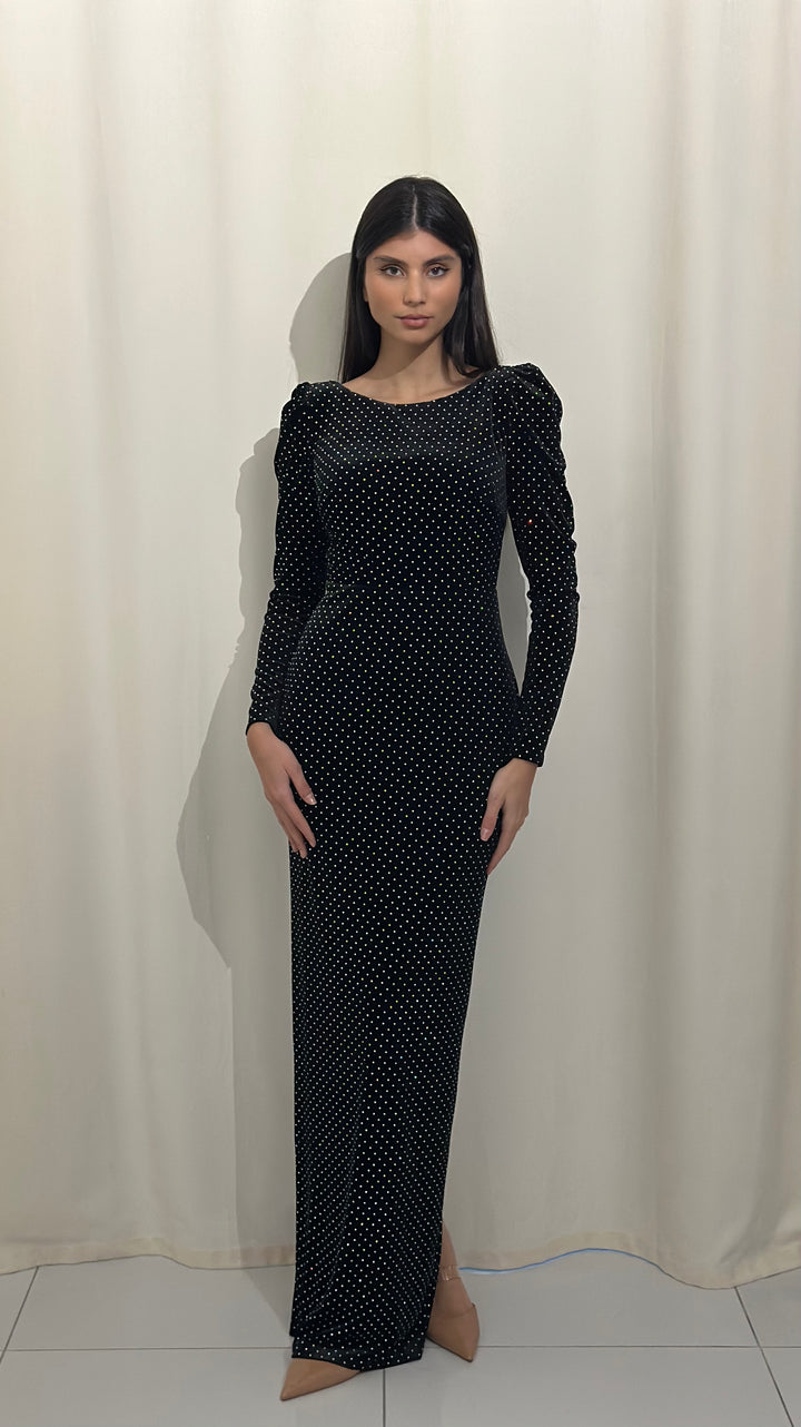 robe de soirée noir col rond velour