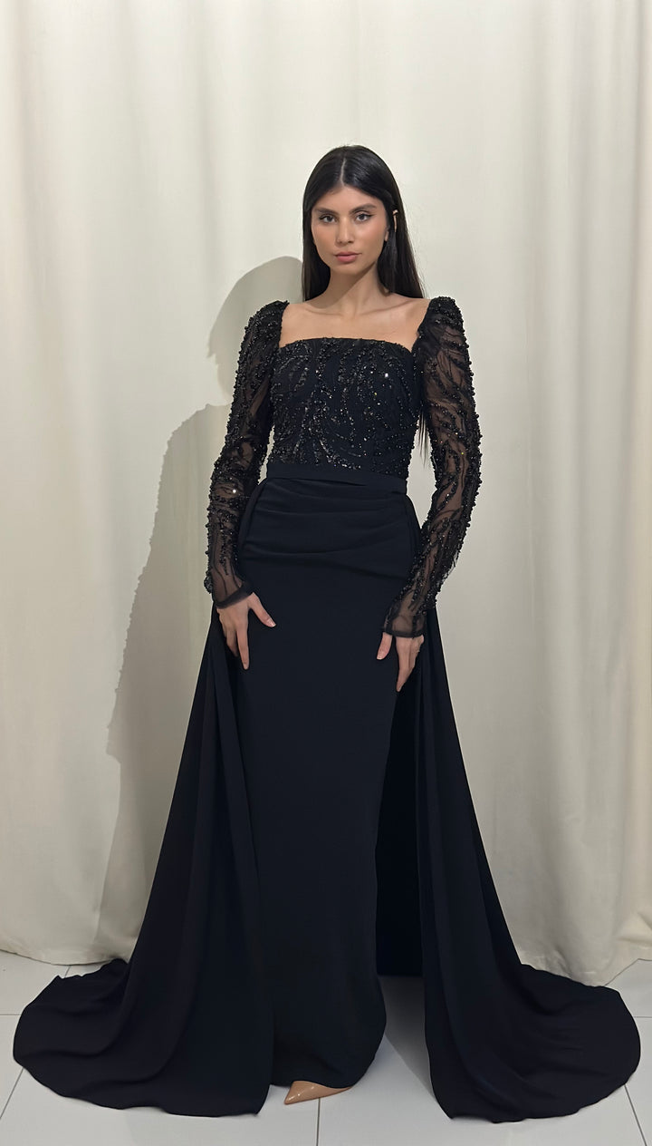 élégante longue robe de soirée noir, sans fente, avec une traine détachable, manche longue, col carré, pour tout type d'événement, gala, cérémonie, mariage