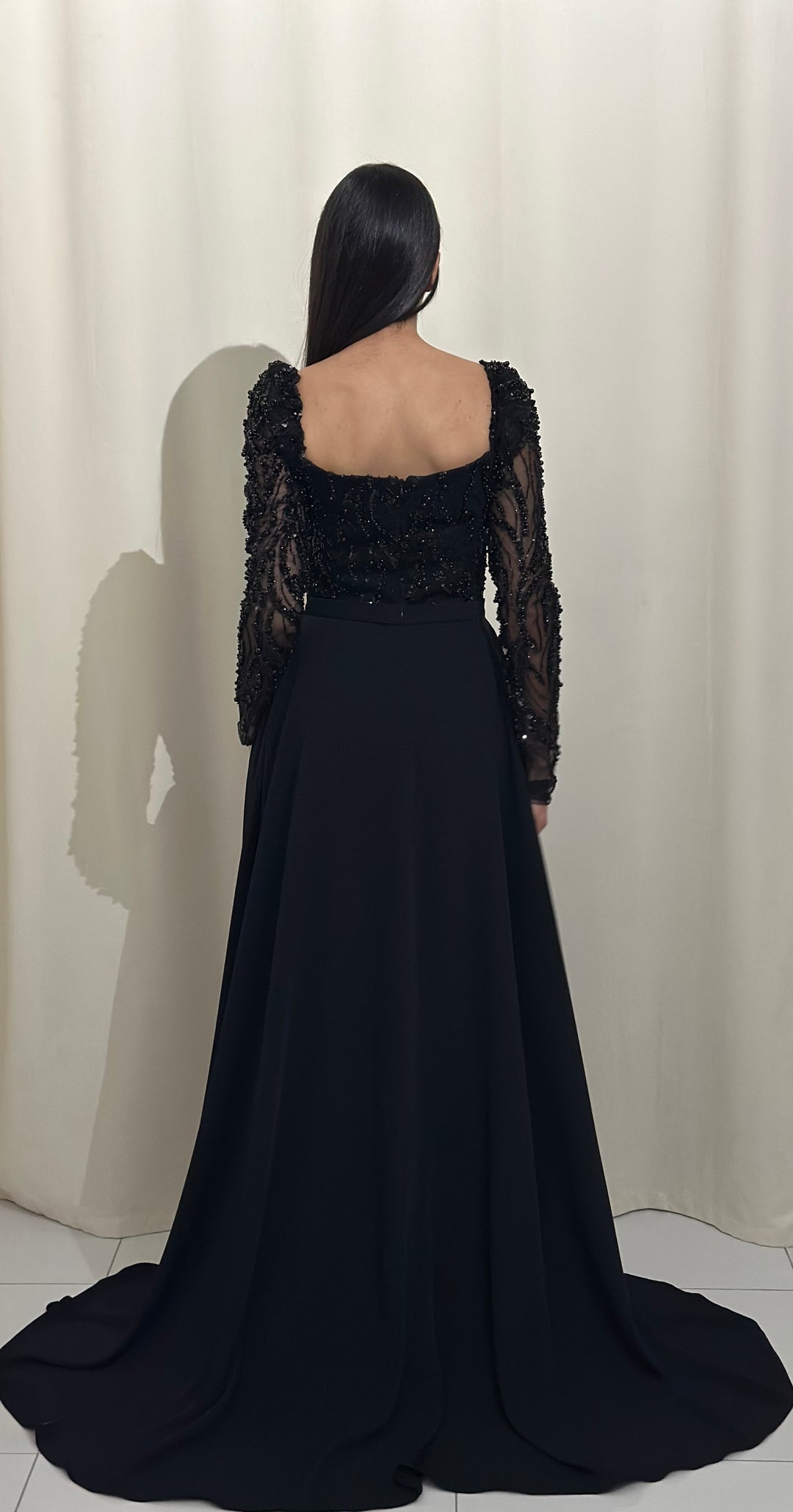 élégante longue robe de soirée noir, sans fente, avec une traine détachable, manche longue, col carré, pour tout type d'événement, gala, cérémonie, mariage