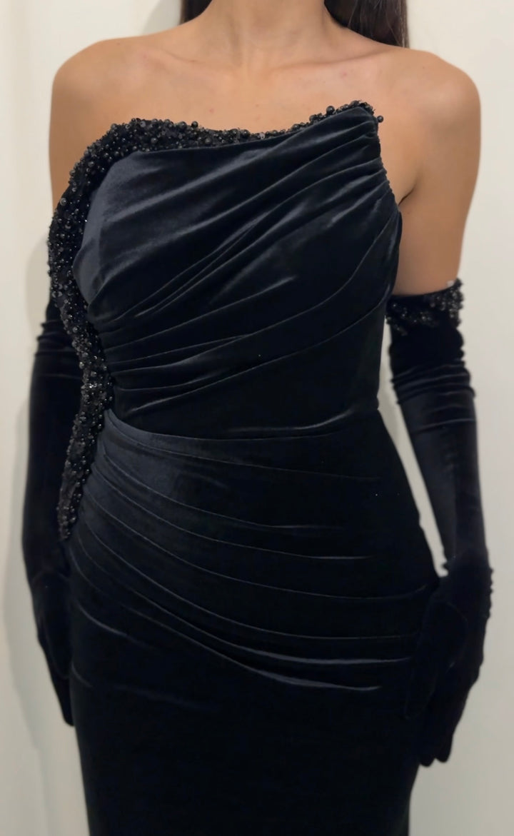 robe de soirée noir col bustier velour