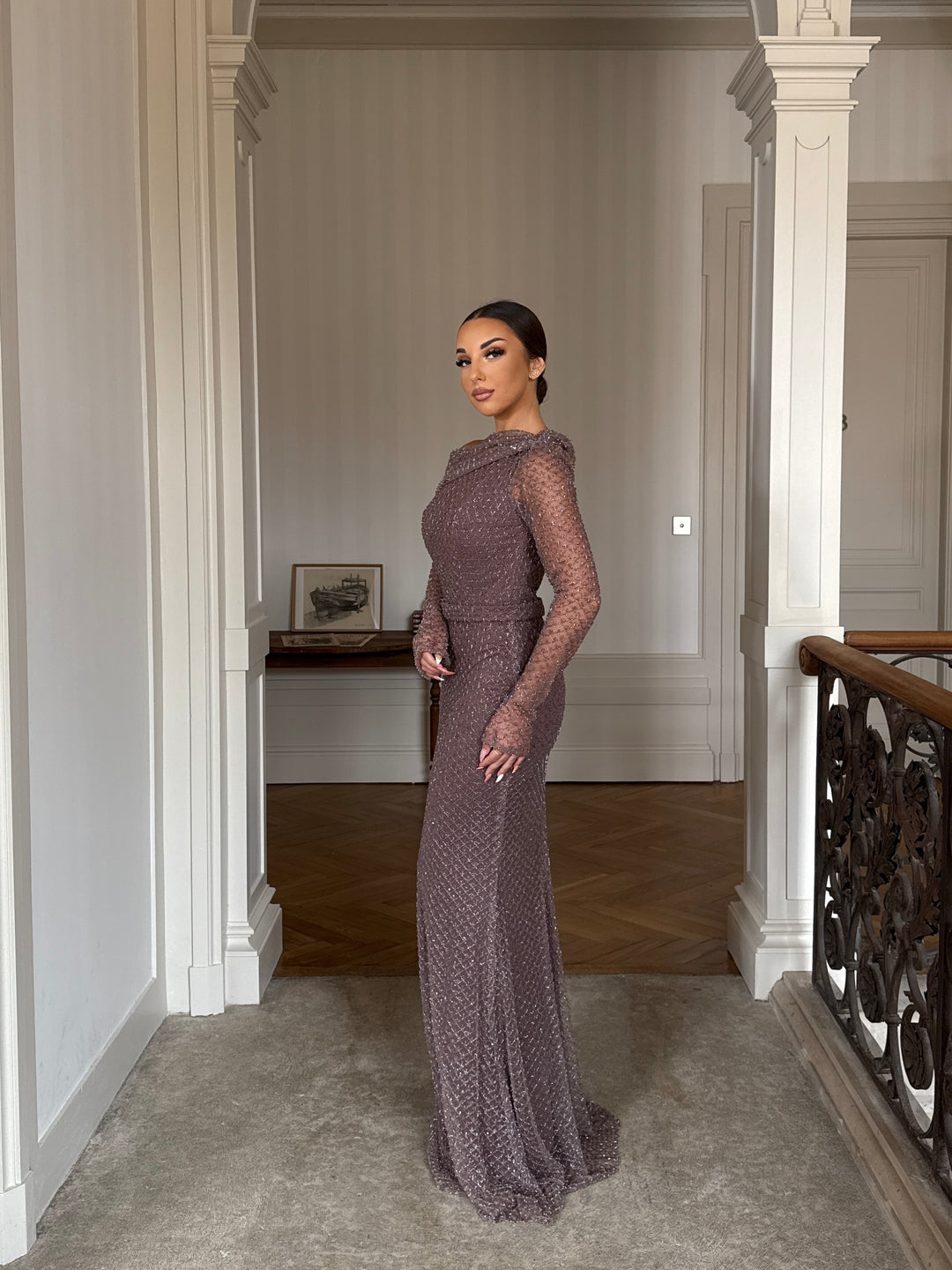 Longue robe de soirée taupe élégante, sans fente, manche longue, sans fente pour tout événement gala cérémonie mariage