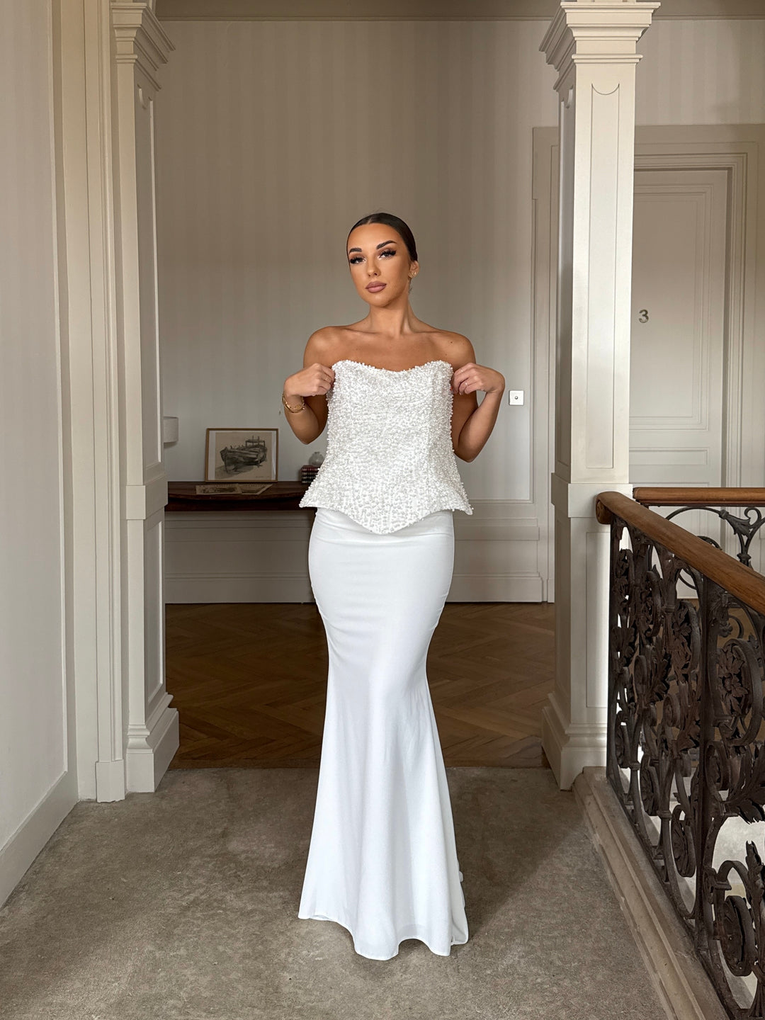 Robe de mariée blanche élégante pour cérémonie, sans manche, sans fente