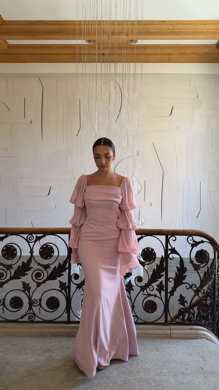 Longue robe de soirée chic rose, sans fente, manche longue, col carré, pour tout type d'événement, gala, cérémonie, mariage