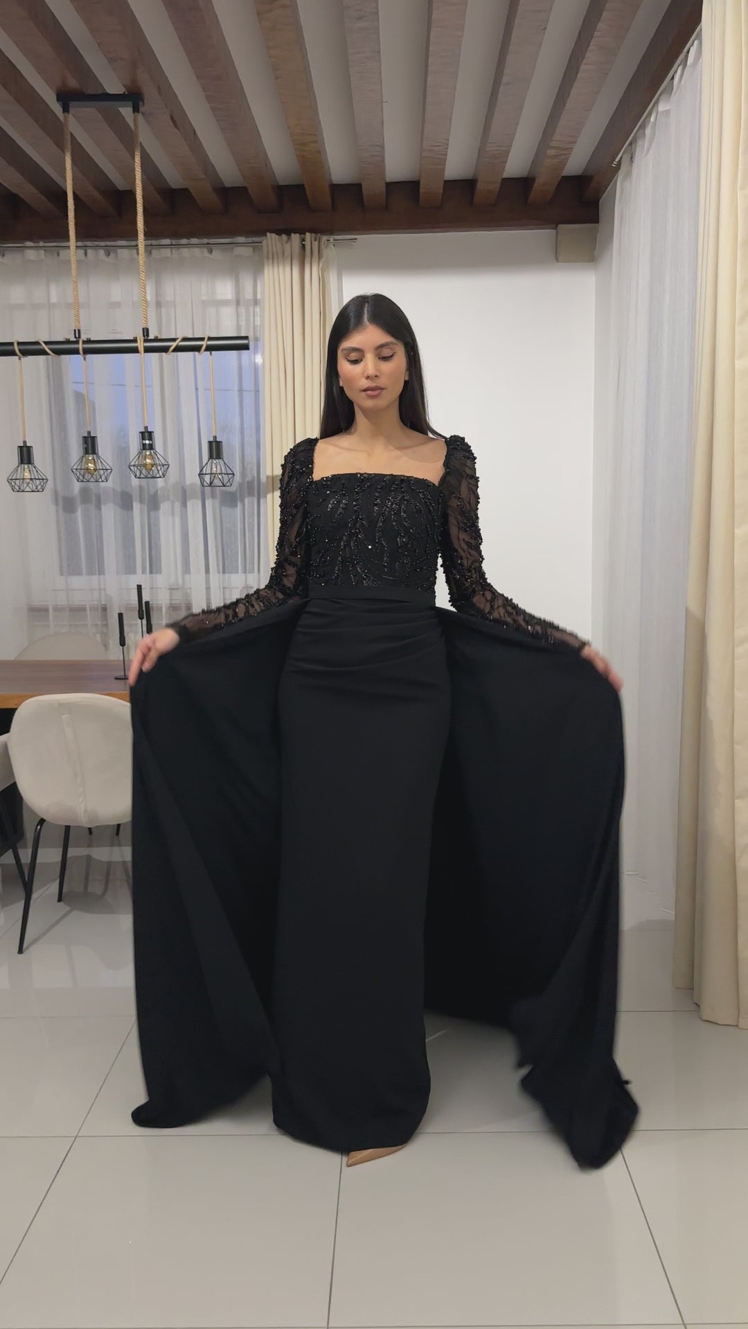 élégante longue robe de soirée noir, sans fente, avec une traine détachable, manche longue, col carré, pour tout type d'événement, gala, cérémonie, mariage