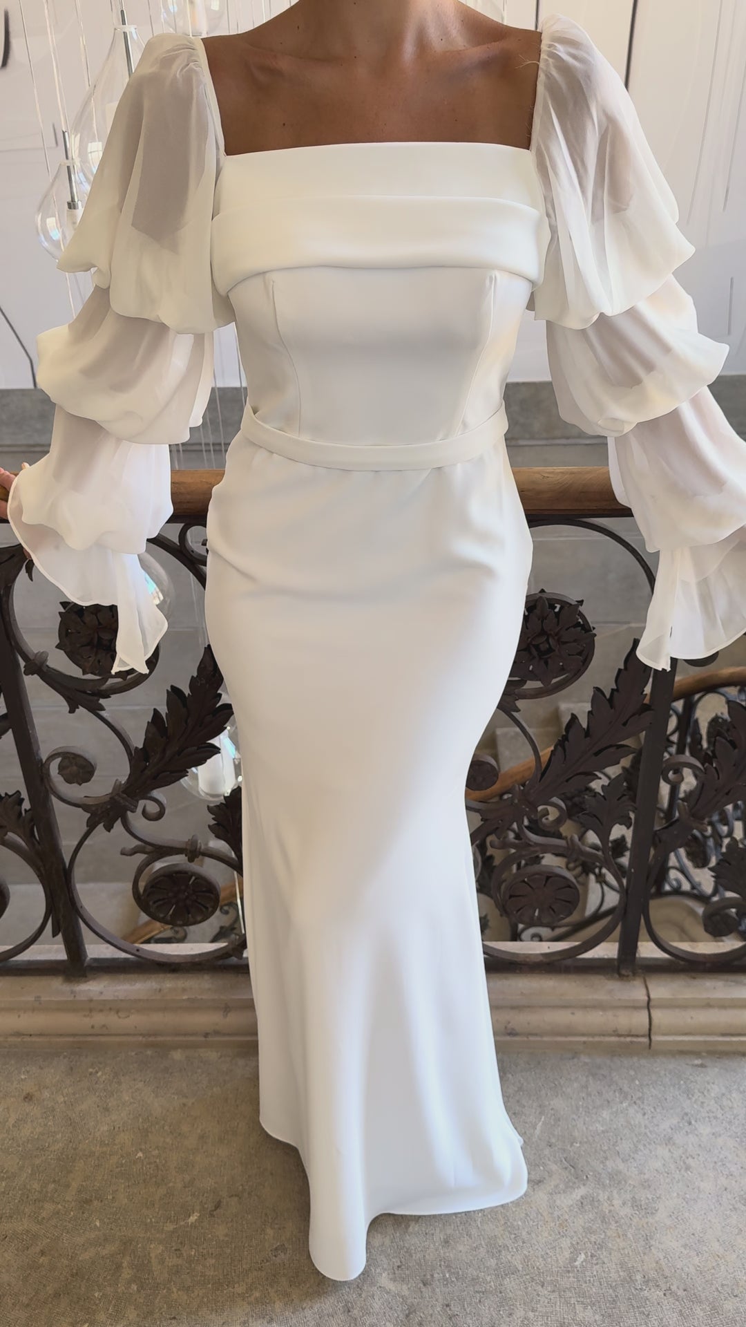 Longue robe de mariée blanche, sans fente, manche longue, col carré, pour tout type d'événement, gala, cérémonie, mariage