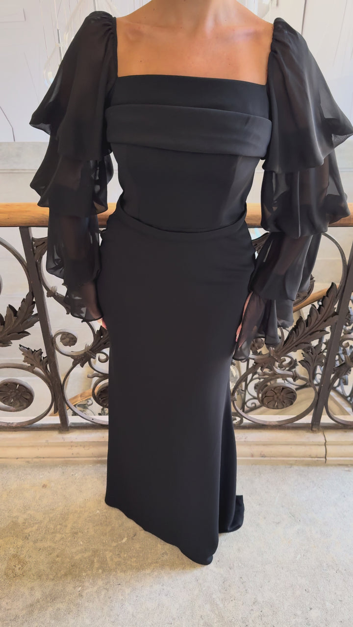 Longue robe de soirée élégante noir, sans fente, manche longue, col carré, pour tout type d'événement, gala, cérémonie, mariage