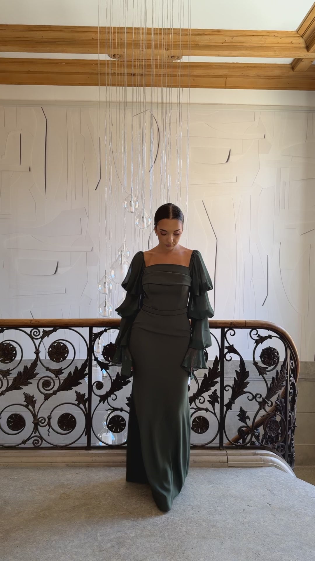 Longue robe de soirée kaki élégante, sans fente, manche longue, col carré, pour tout type d'événement, gala, cérémonie, mariage