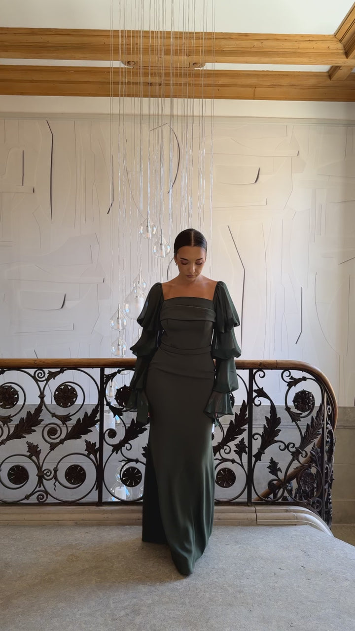 Longue robe de soirée kaki élégante, sans fente, manche longue, col carré, pour tout type d'événement, gala, cérémonie, mariage