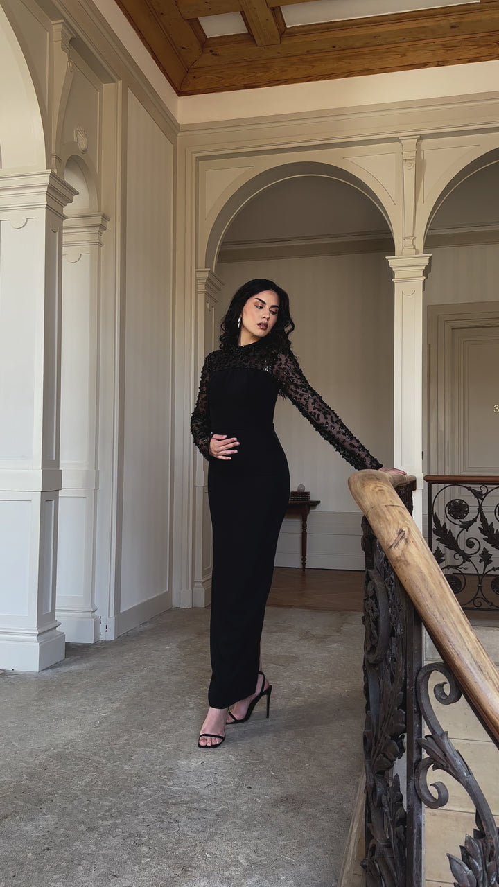 Longue robe de soirée noir chic, avec une fente à l'arrière, col montant, manche longue, pour tout type d'événement, gala, cérémonie, mariage