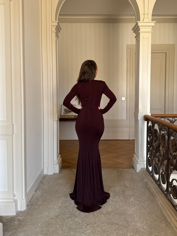 Longue robe de soirée chic marron, manche longue, sans fente, col rond pour tout type d'événement, mariage, gala, cérémonie