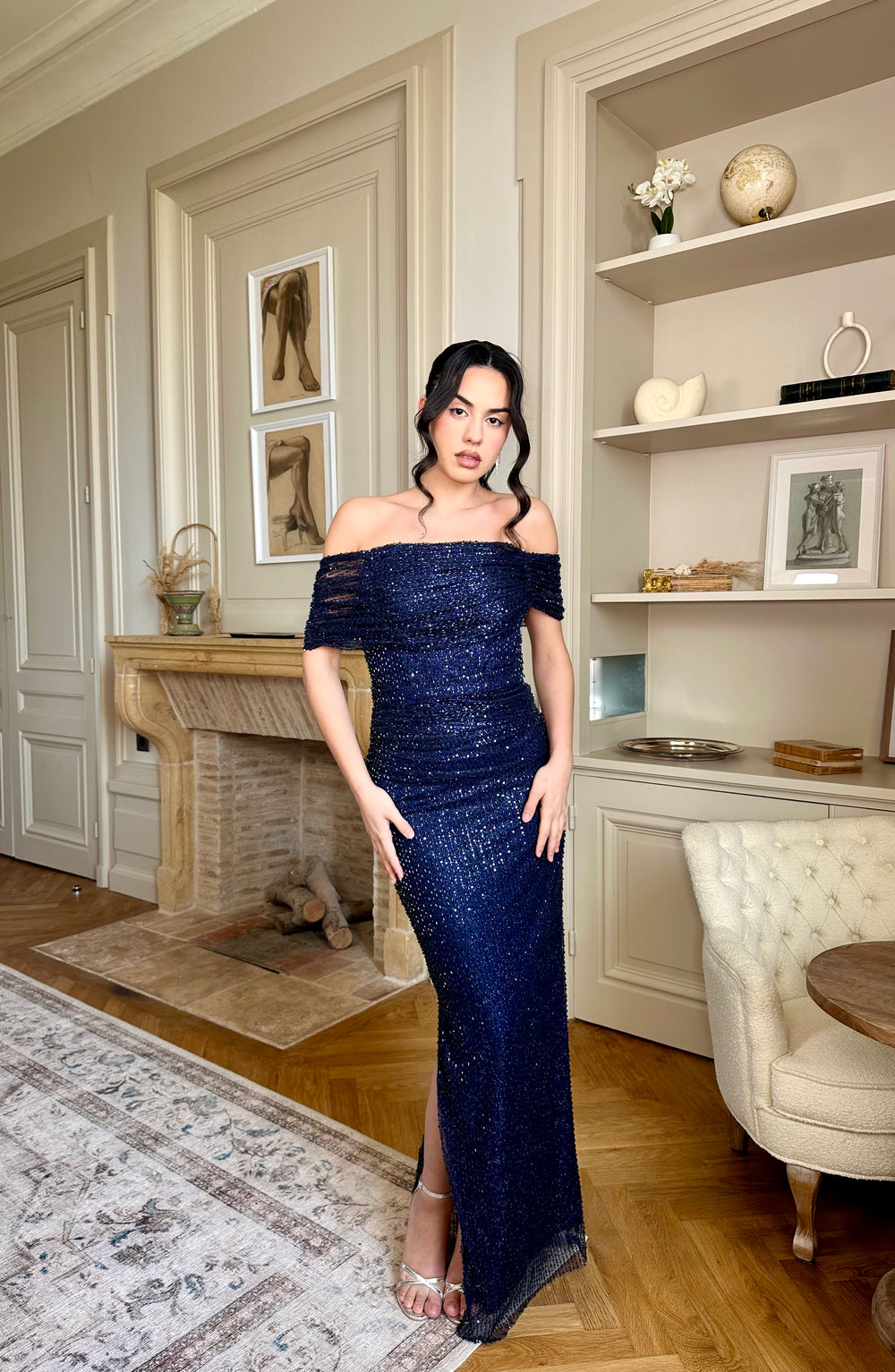 longue robe de soirée élégante bleu marine, avec une fente à l'arrière, col bateau, sans manche, pour tout type d'événement, mariage, gala, cérémonie