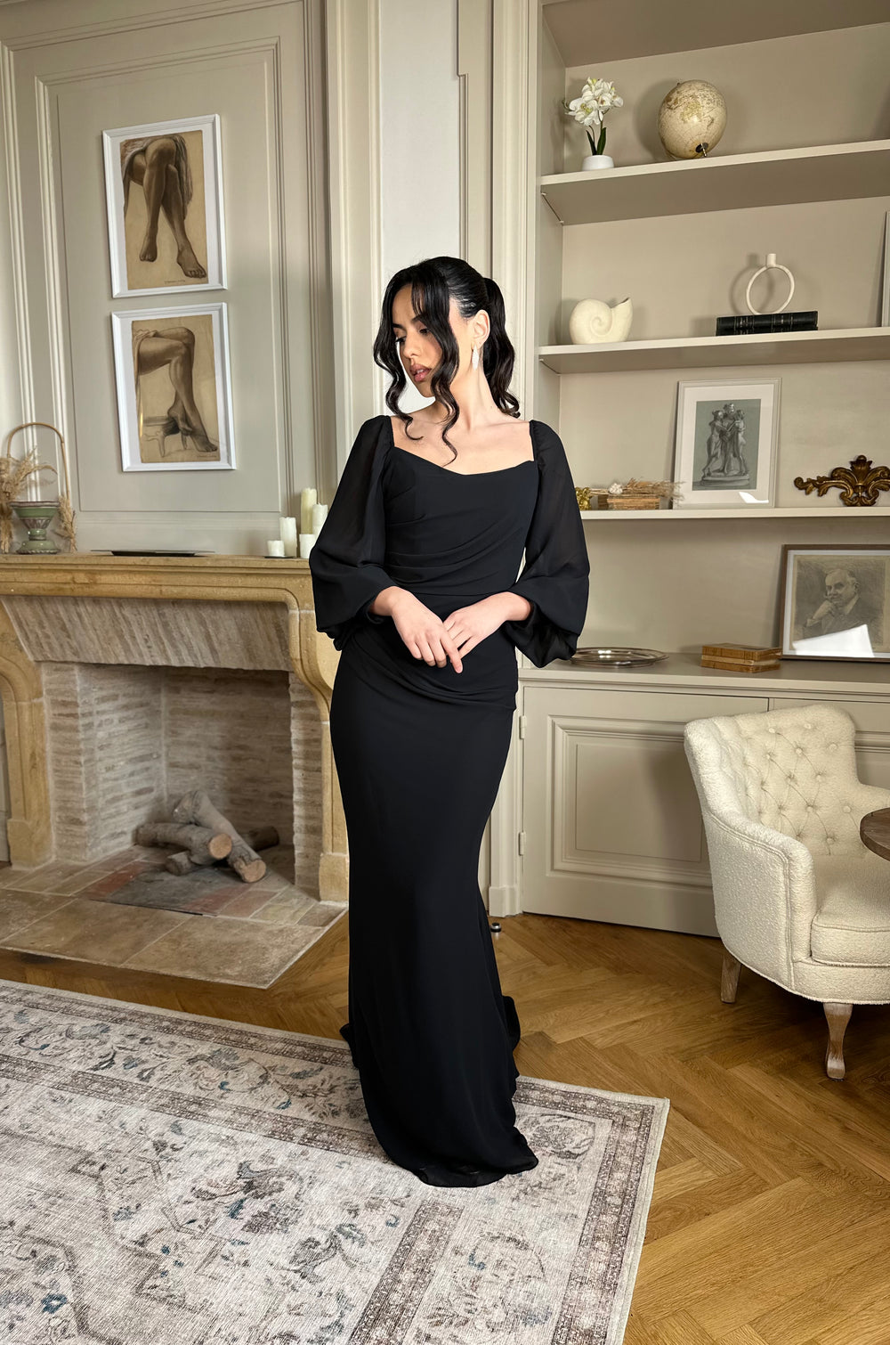 élégante longue robe de soirée noir pour demoiselle d'honneur, sans fente, manche longue pour tout type d'événement, mariage, cérémonie, gala