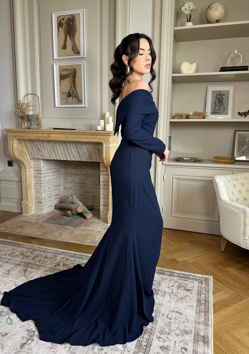 Longue robe de soirée bleu marine chic pour demoiselle d'honneur, sans fente, manche longue, col bateau, pour tout type d'événement, mariage, gala, cérémonie
