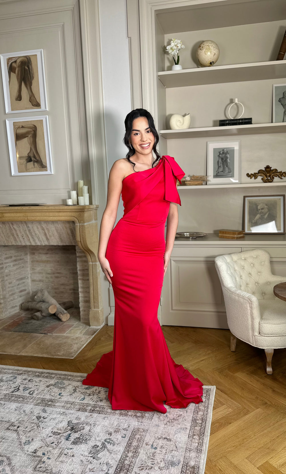 Longue robe de soirée rouge pour demoiselle d'honneur, sans fente, col asymétrique, sans manche, pour tout type d'événement, mariage, gala, cérémonie