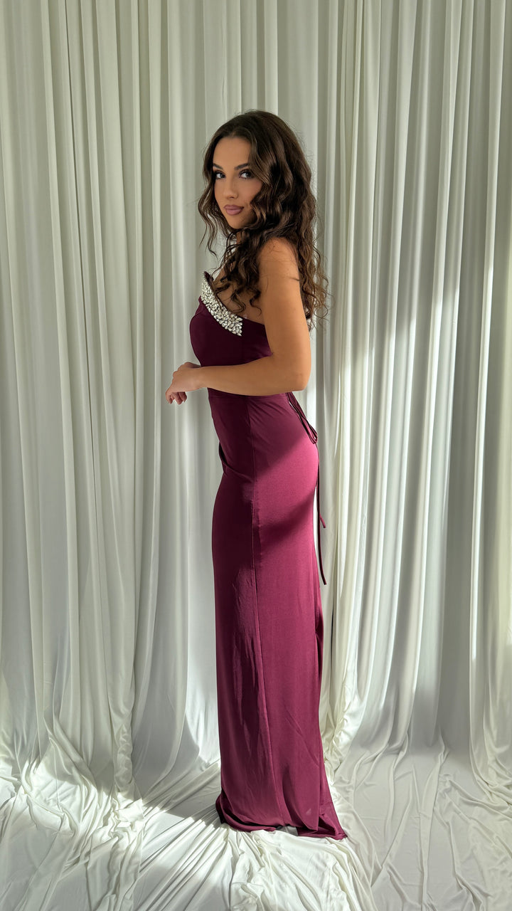Robe de soirée prune Anais, dos lacé avec liens à nouer