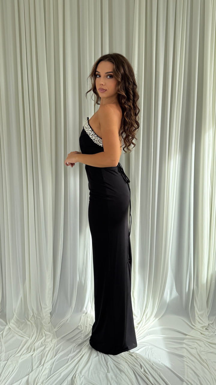 Robe de soirée noire Anais, dos lacé avec liens à nouer
