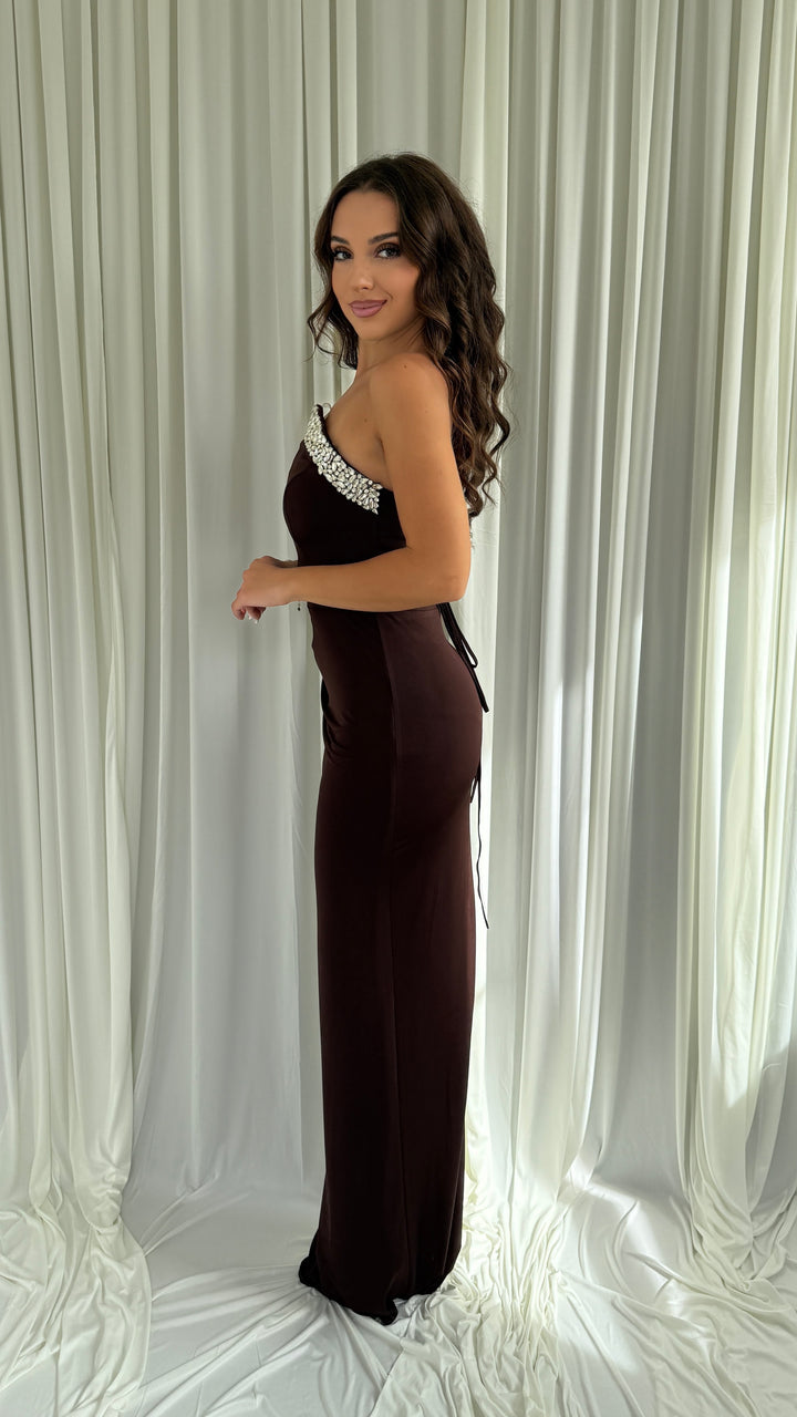 Robe de soirée marron Anais, dos lacé avec liens à nouer
