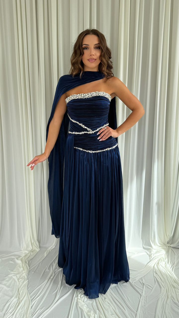 Robe de soirée bleu marine Selda en voile plissé irisé, bustier bordé de strass