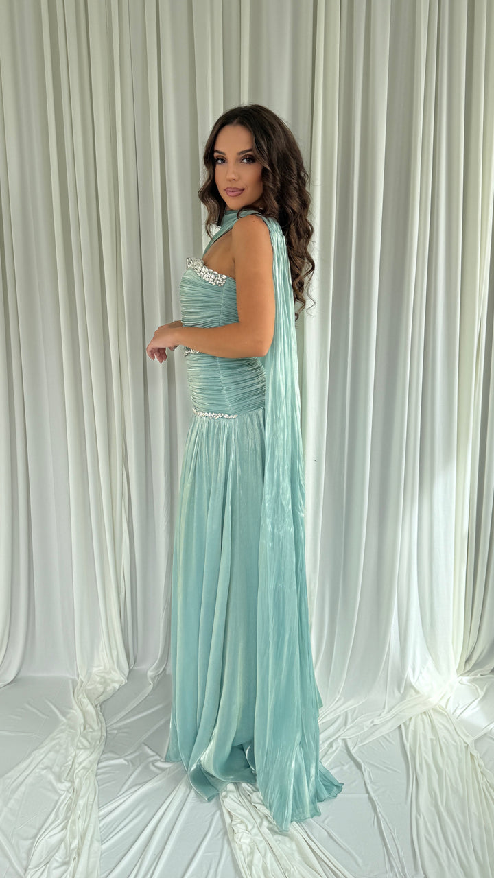 Robe de soirée vert d'eau Selda, jupe plissée fluide à légère traîne