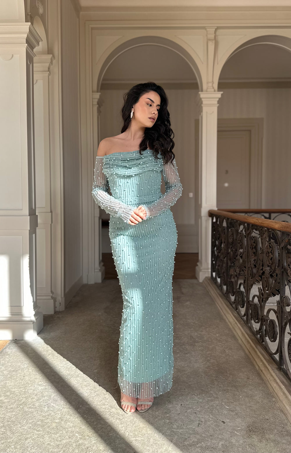 Longue robe de soirée vert menthe élégante, avec une fente à l'arrière, col bustier, pour tout type d'événement, mariage, gala, cérémonie