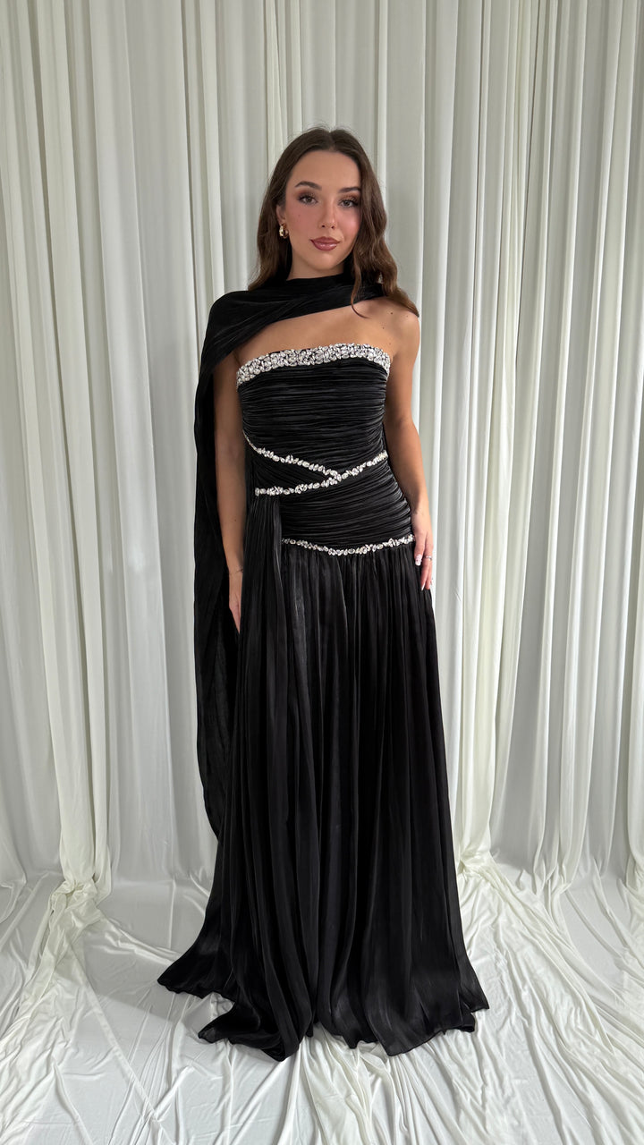 Robe de soirée noire plissée bustier à strass - Selda