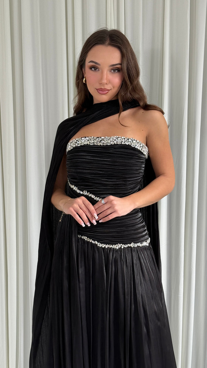 Robe de soirée noire plissée bustier à strass - Selda