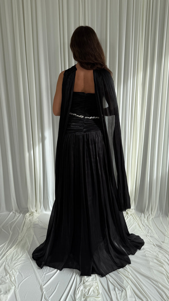 Robe de soirée noire plissée bustier à strass - Selda