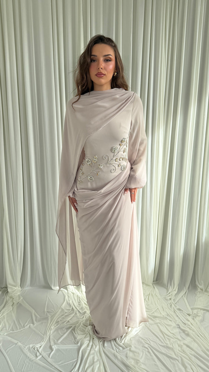 Beige modest evening dress with embroidered cape scarf – Sefana