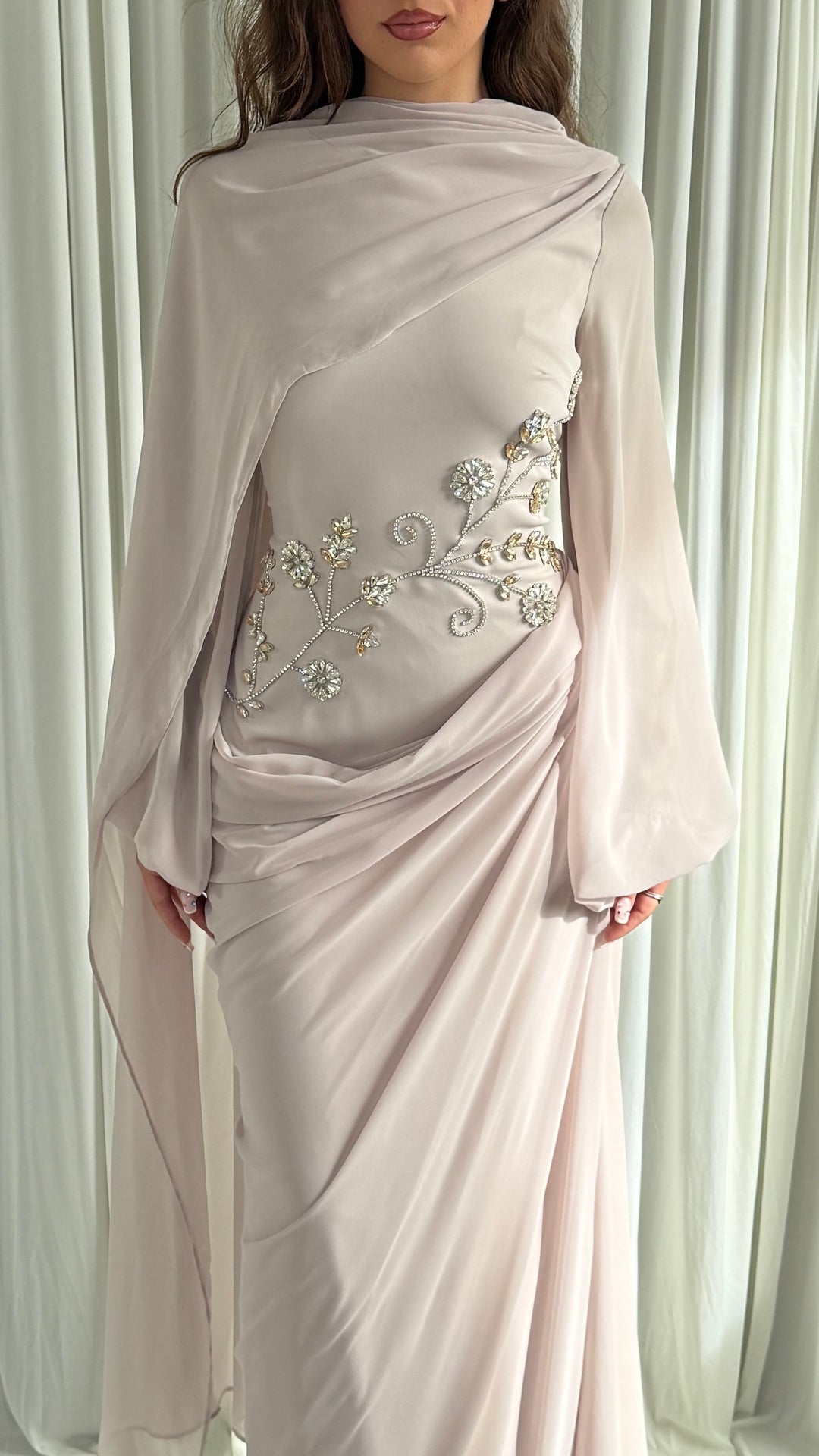 Beige modest evening dress with embroidered cape scarf – Sefana