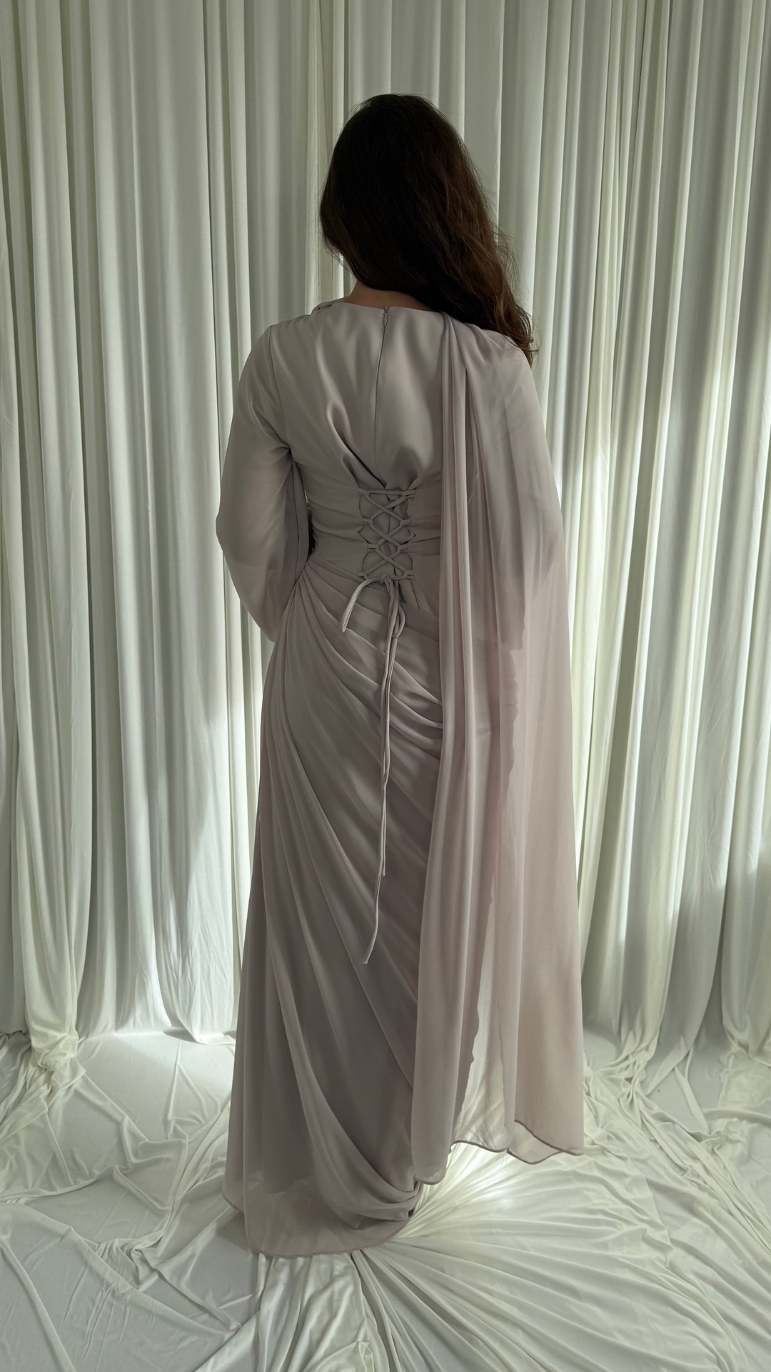 Beige modest evening dress with embroidered cape scarf – Sefana