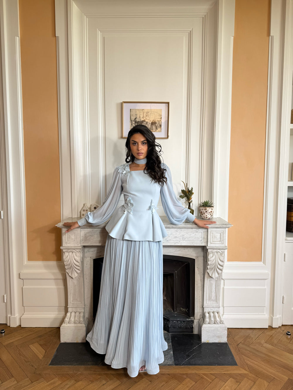 Ensemble événementielle bleu élégant, robe de soirée, manche longue, sans fente, pour type d'événement, mariage, gala, cérémonie