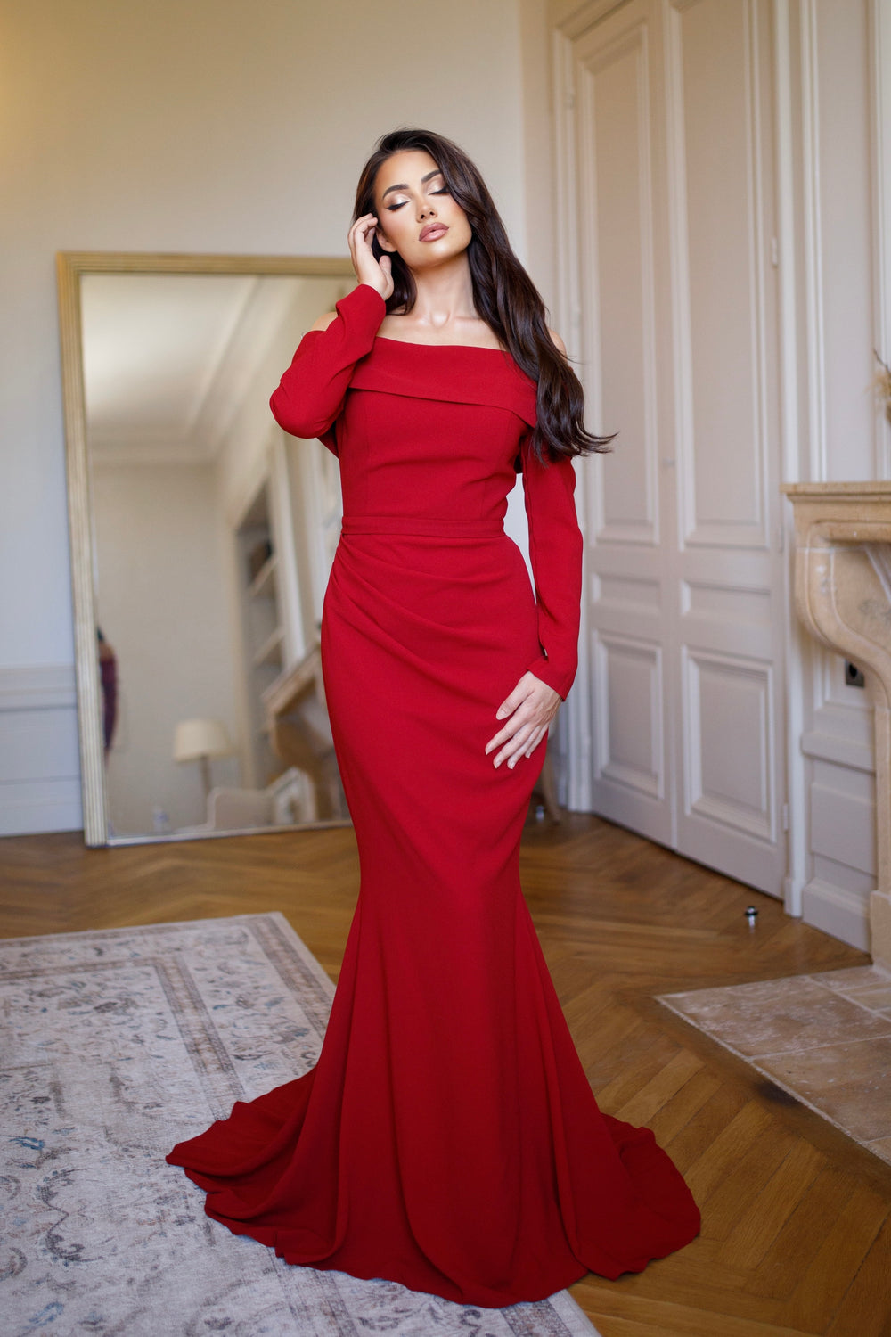 élégante longue robe de soirée rouge pour demoiselle d'honneur, sans fente, manche longue, col bateau, pour tout type d'événement, mariage, gala, cérémonie