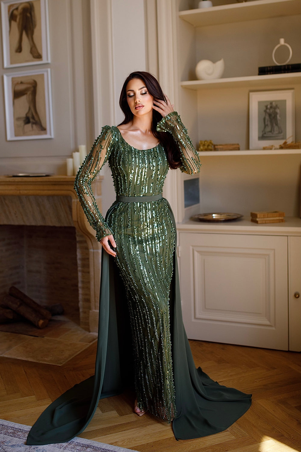 Longue robe de soirée élégante kaki, sans fente, avec une traine, manche longue, col rond, pour tout d'événement, mariage, gala, cérémonie