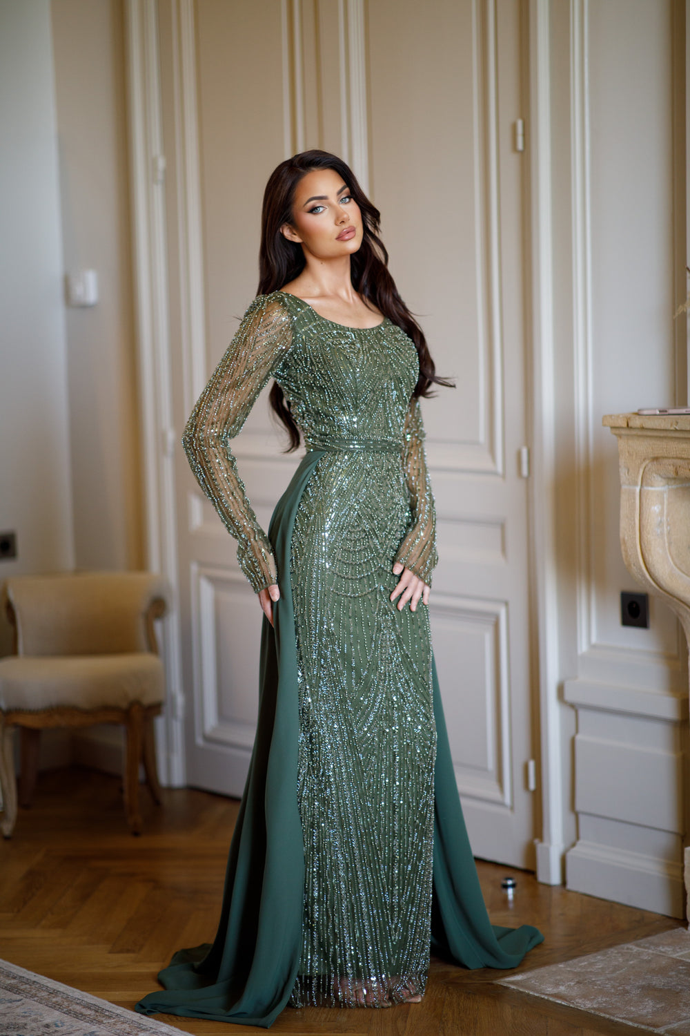 Longue robe de soirée kaki élégante, col rond, manche longue, sans fente, avec une traine, pour tout type d'événement, gala, mariage, cérémonie