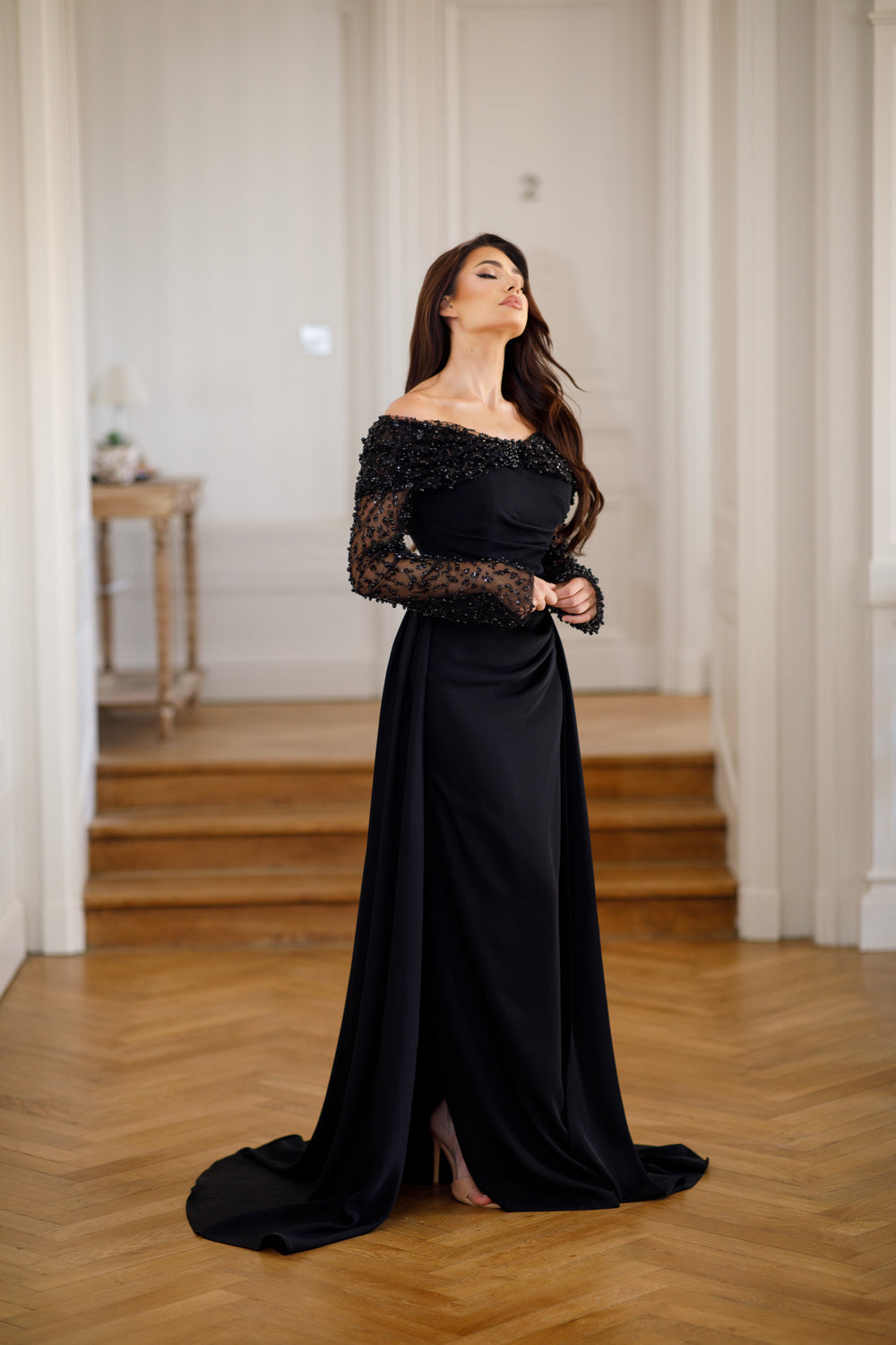 Longue robe de soirée noir chic, manche longue, sans fente, avec une traine, pour tout type d'événement, gala, mariage, cérémonie