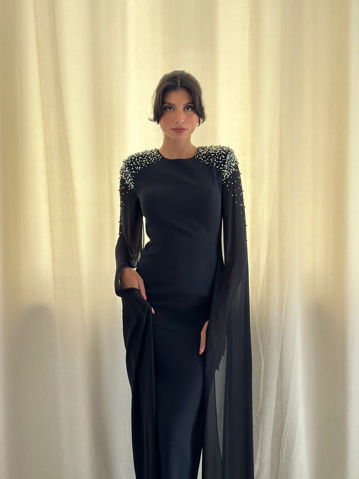 robe de soirée noir perlée