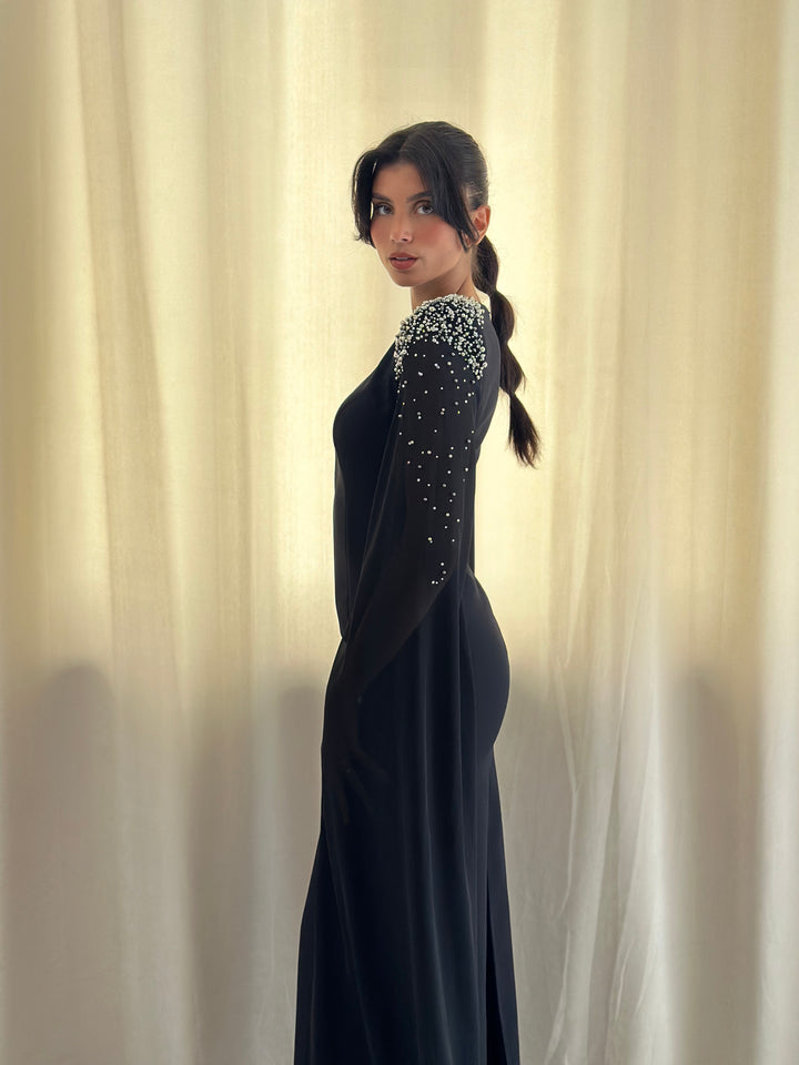 robe de soirée noir perlée