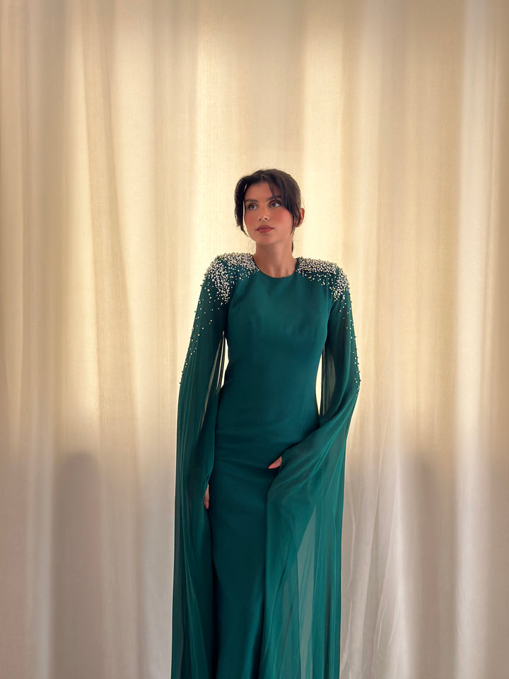 robe de soirée vert émeraude perlée